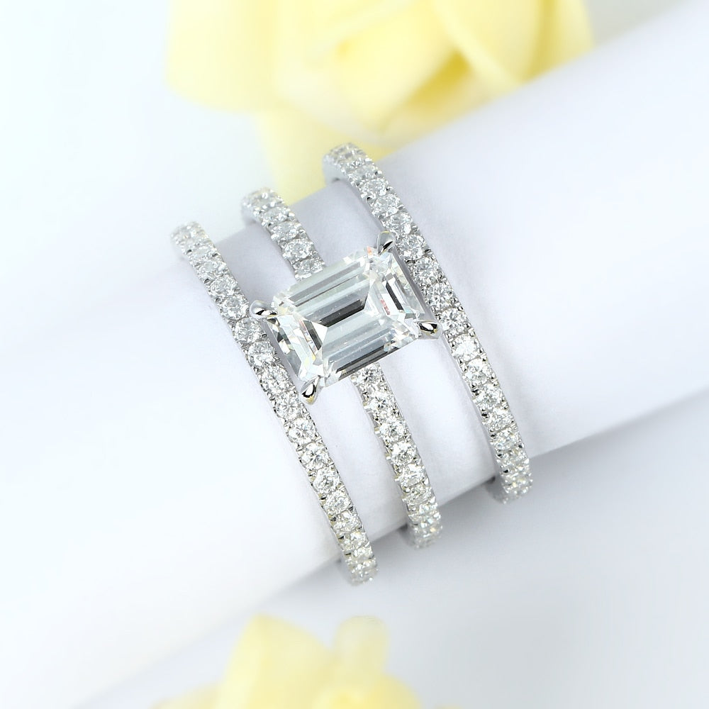 14K White Gold 2ct Emerald Cut Moissanite Hidden Halo Engagement Ring Set - Black Diamonds New York