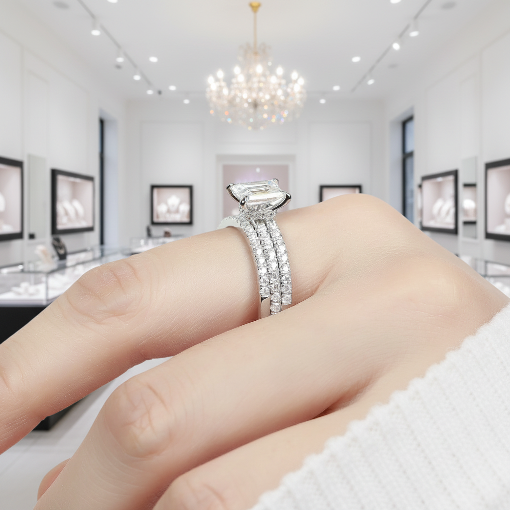 14k White Gold 2.0 Ct Emerald Cut Diamond Option Hidden Halo Engagement Ring Set-Black Diamonds New York