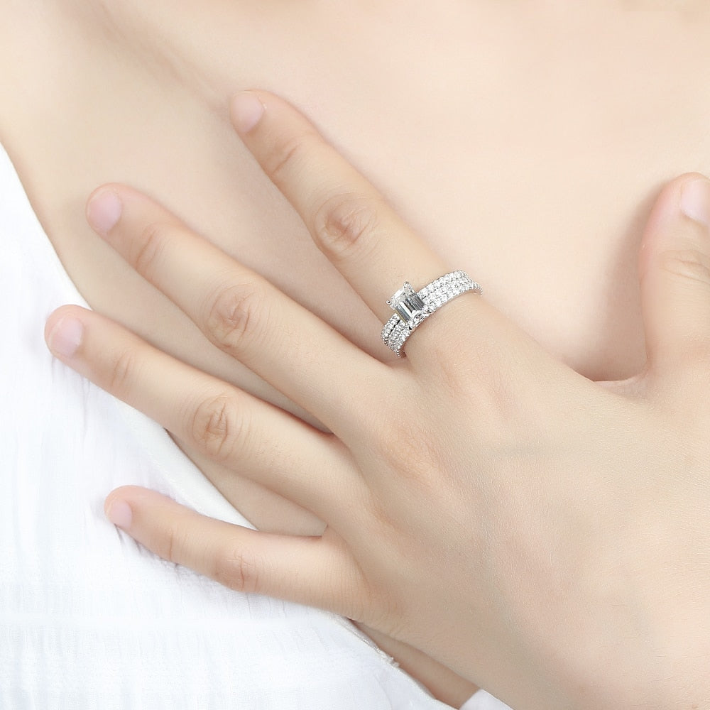 14K White Gold 2ct Emerald Cut Moissanite Hidden Halo Engagement Ring Set - Black Diamonds New York