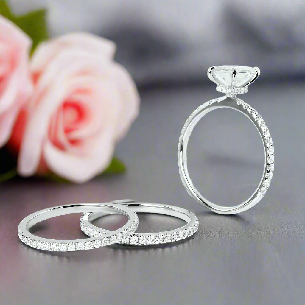 14k White Gold 2.0 Ct Emerald Cut Diamond Hidden Halo Engagement Ring Set-Black Diamonds New York