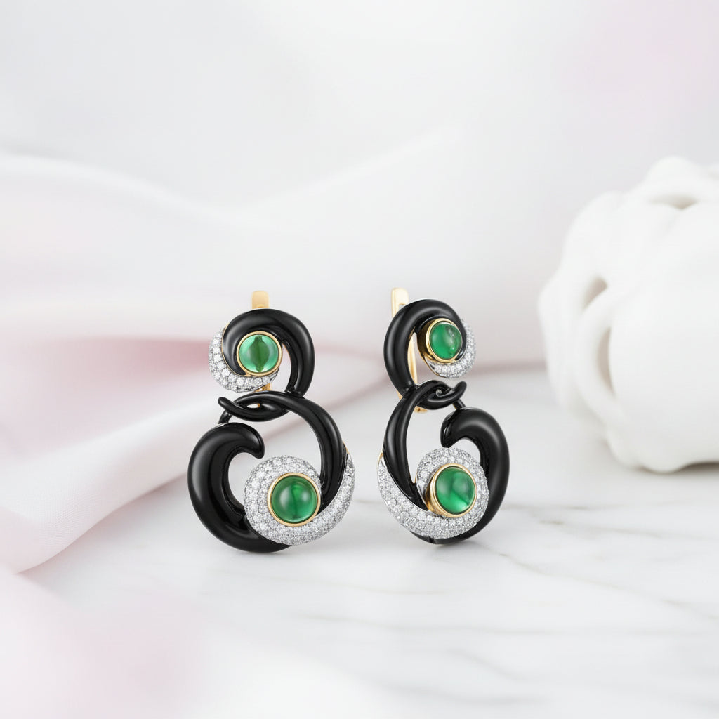 Black Enamel Curved Earrings with Diamond Option-Black Diamonds New York