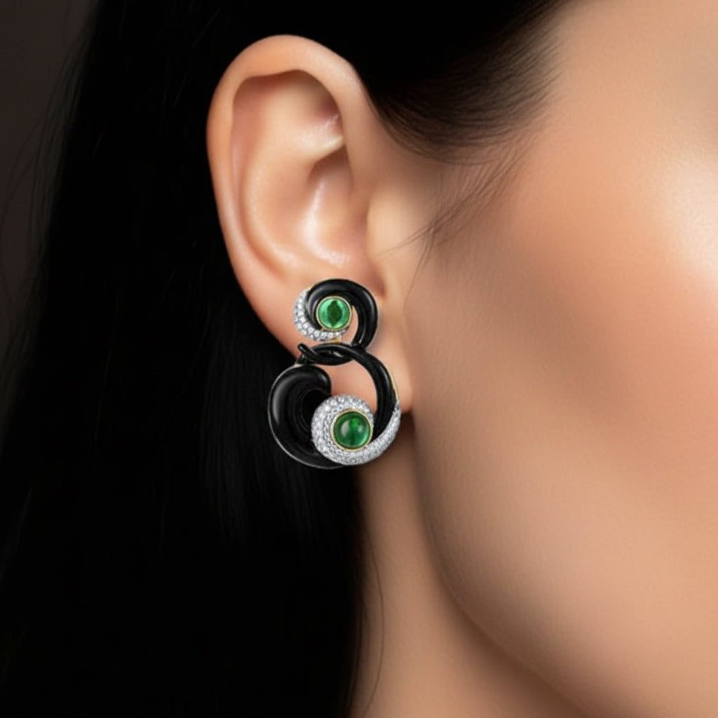 Black Enamel Curved Earrings with Diamond Option-Black Diamonds New York