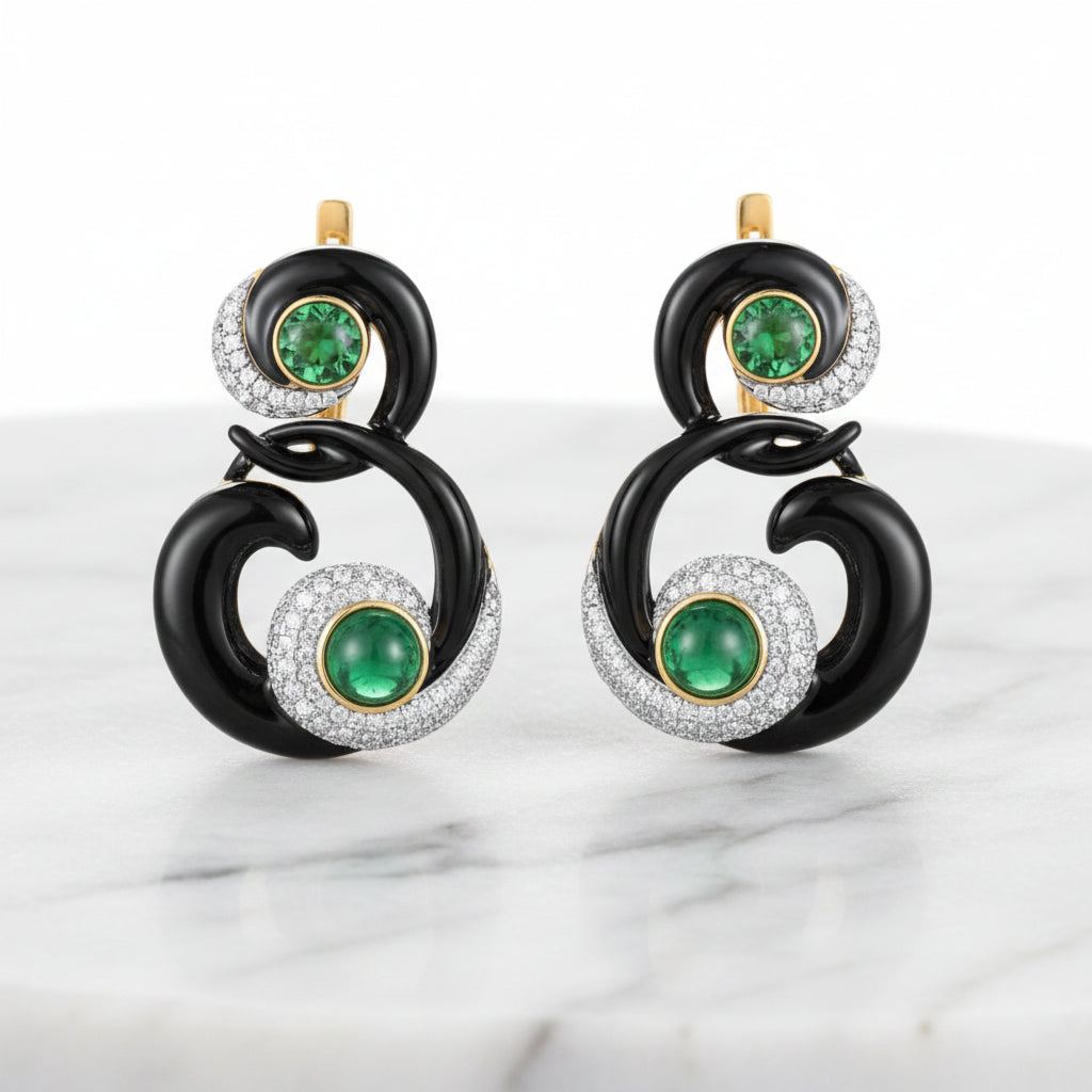 Black Enamel Curved Earrings with Diamond Option-Black Diamonds New York