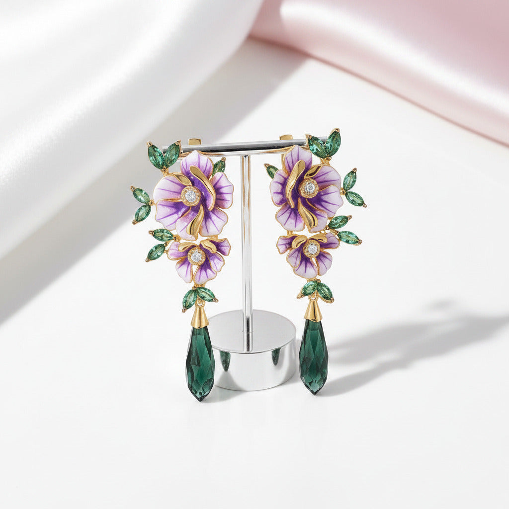 Delicate Enamel Flower with Diamond Option Drop Earrings-Black Diamonds New York