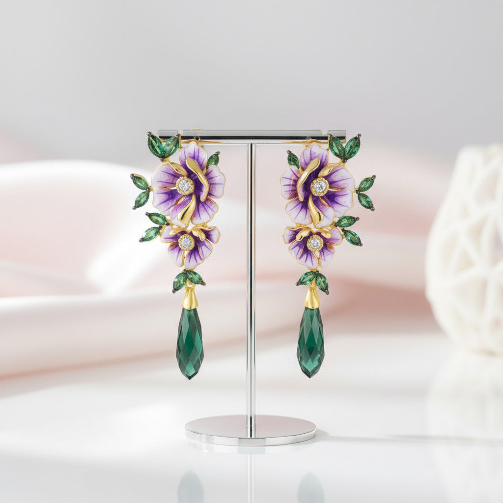 Delicate Enamel Flower with Diamond Option Drop Earrings-Black Diamonds New York