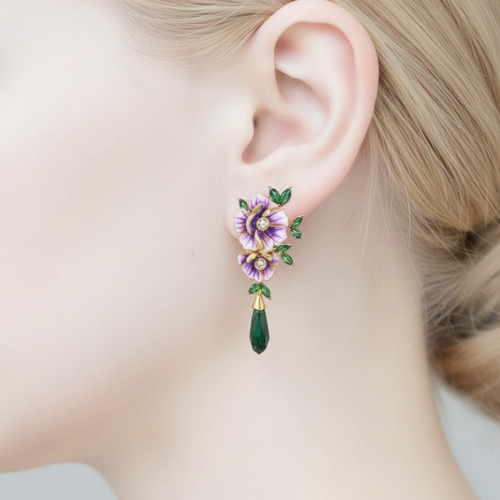 Delicate Enamel Flower with Diamond Option Drop Earrings-Black Diamonds New York