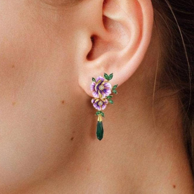 Delicate Enamel Flower with Diamond Drop Earrings-Black Diamonds New York
