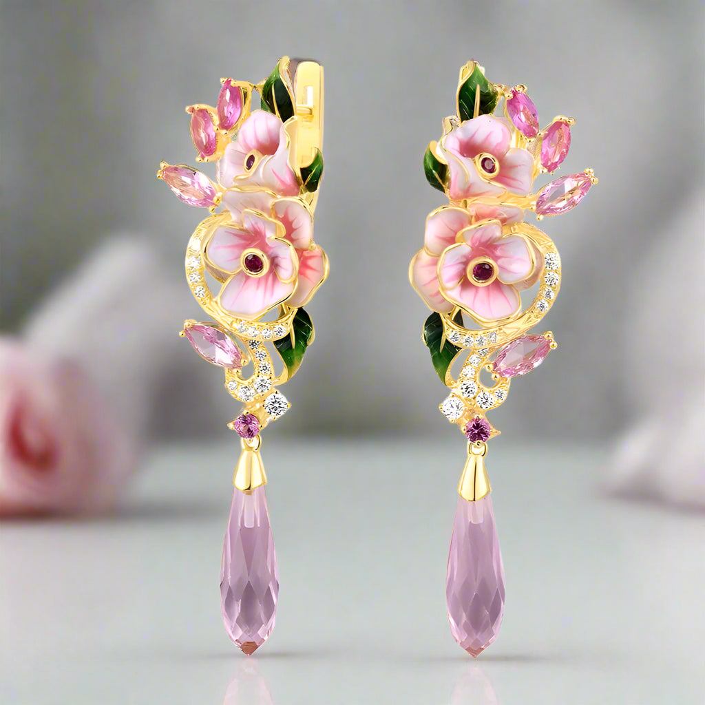 Diamond Pink Enamel Flower Drop Earrings-Black Diamonds New York