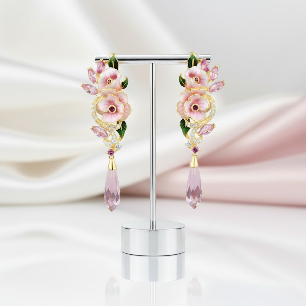 Diamond Option Pink Enamel Flower Drop Earrings-Black Diamonds New York