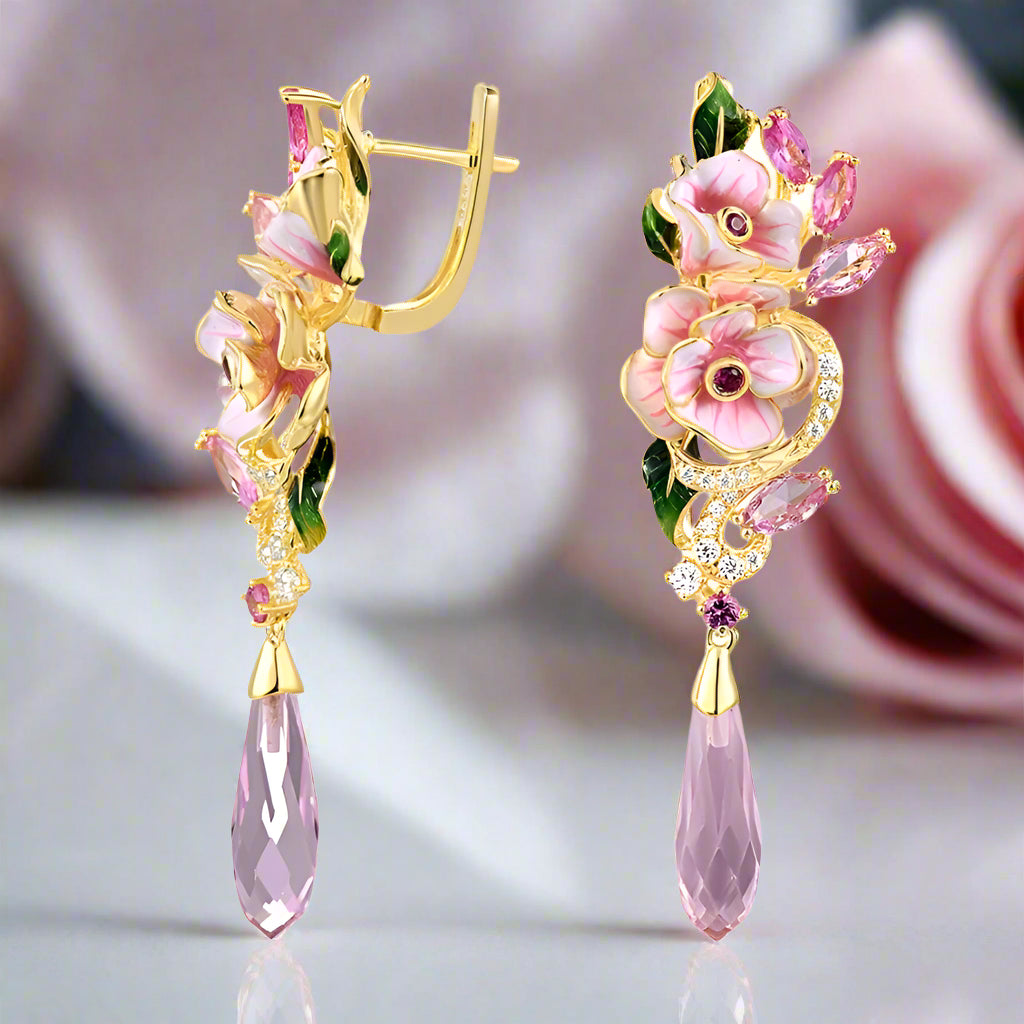 Diamond Pink Enamel Flower Drop Earrings-Black Diamonds New York