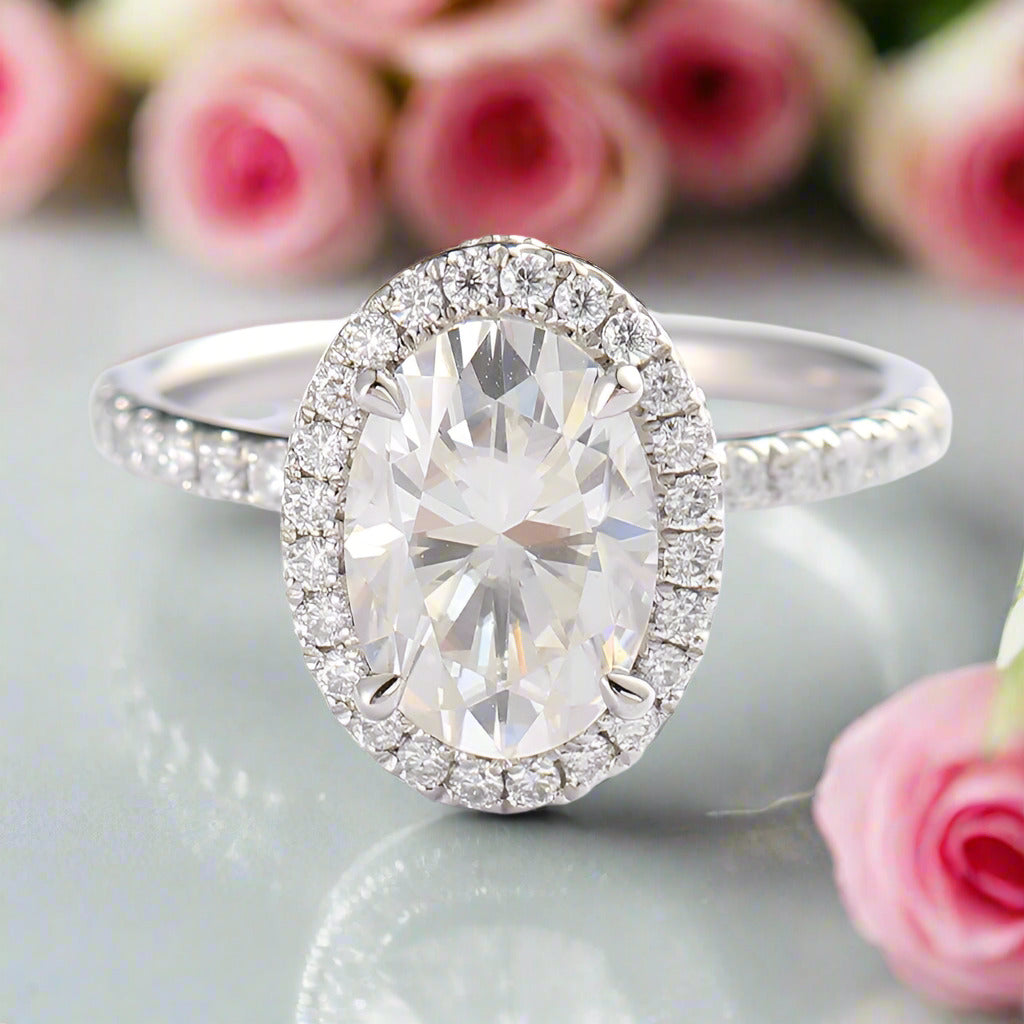 Oval Cut Halo Diamond 14k White Gold Engagement Ring-Black Diamonds New York