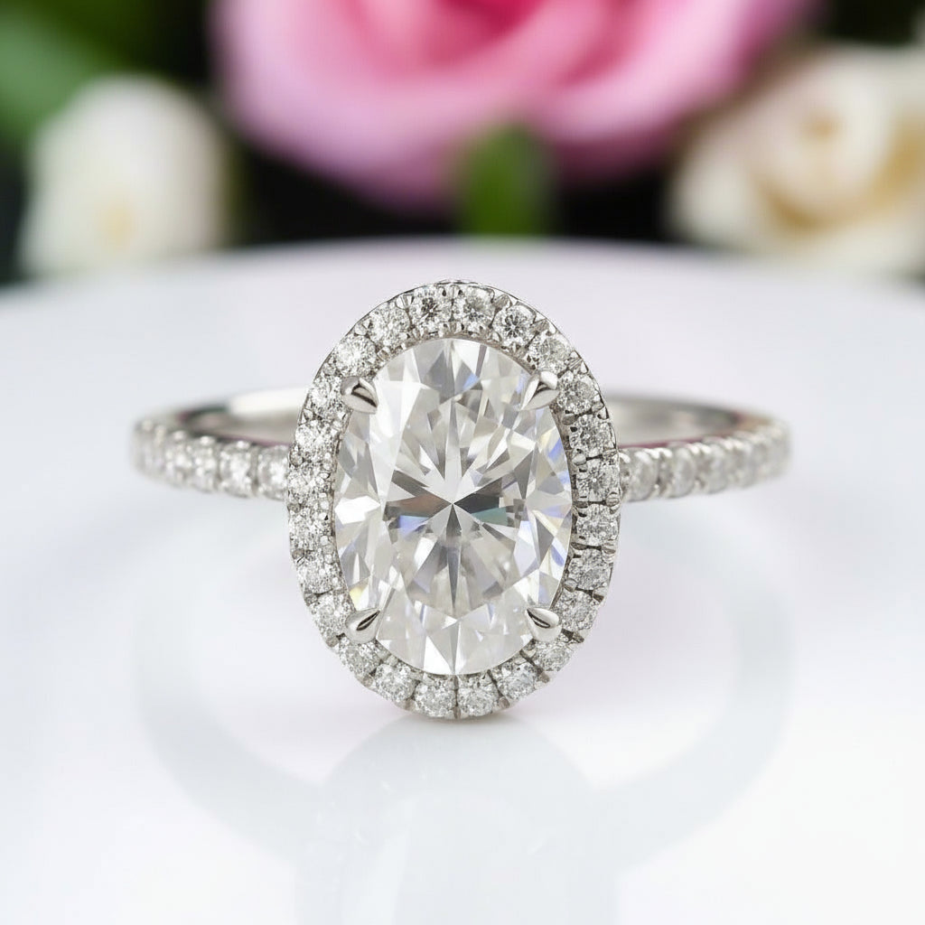 Oval Cut Halo Diamond 14k White Gold Engagement Ring-Black Diamonds New York