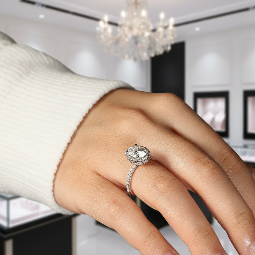 Oval Cut Halo Diamond 14k White Gold Engagement Ring-Black Diamonds New York