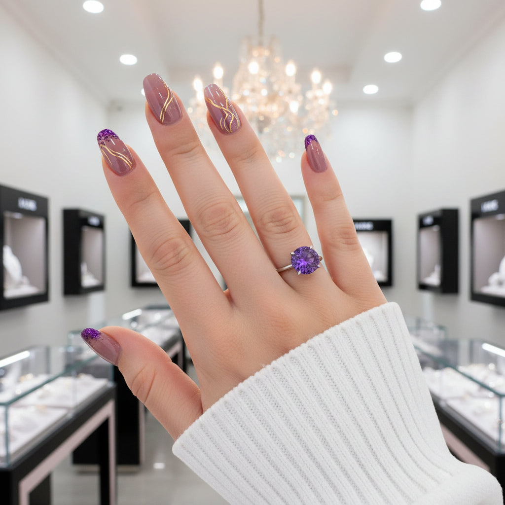 Elegant Round Cut Purple Amethyst Engagement Ring-Black Diamonds New York