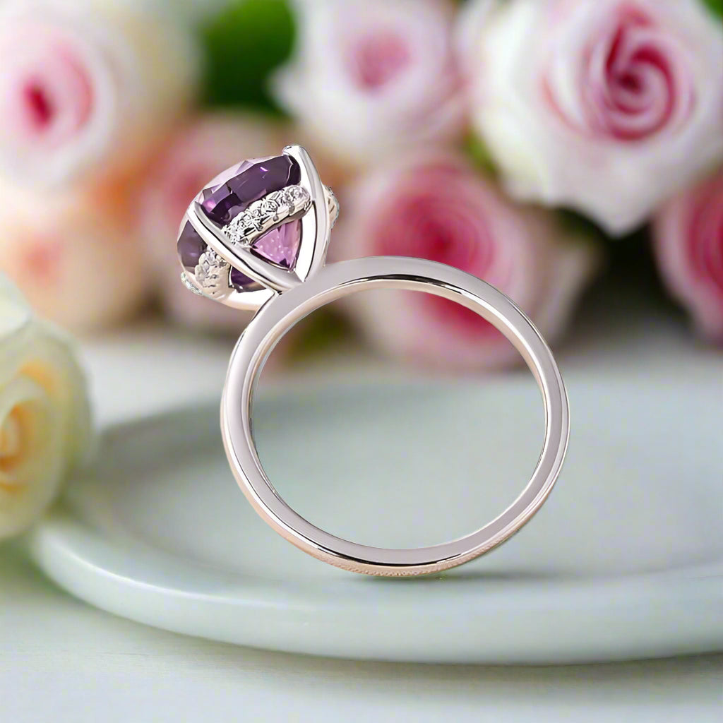 Elegant Round Cut Amethyst Purple Engagement Ring-Black Diamonds New York