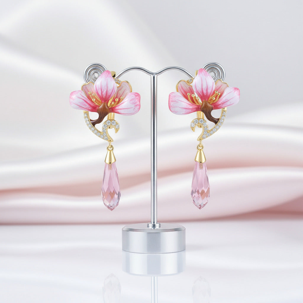 Flower Enamel with Diamond Option Drop Earrings-Black Diamonds New York