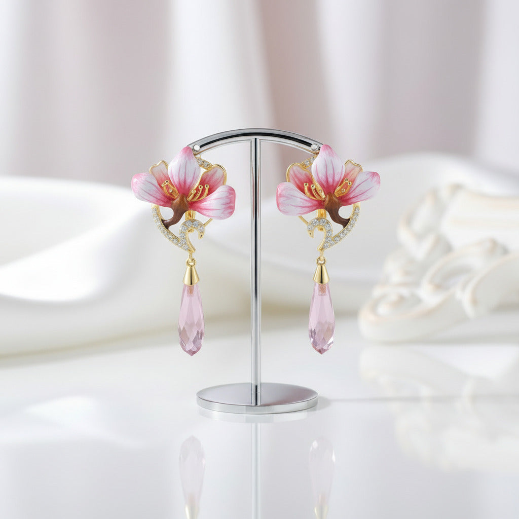 Flower Enamel with Diamond Option Drop Earrings-Black Diamonds New York