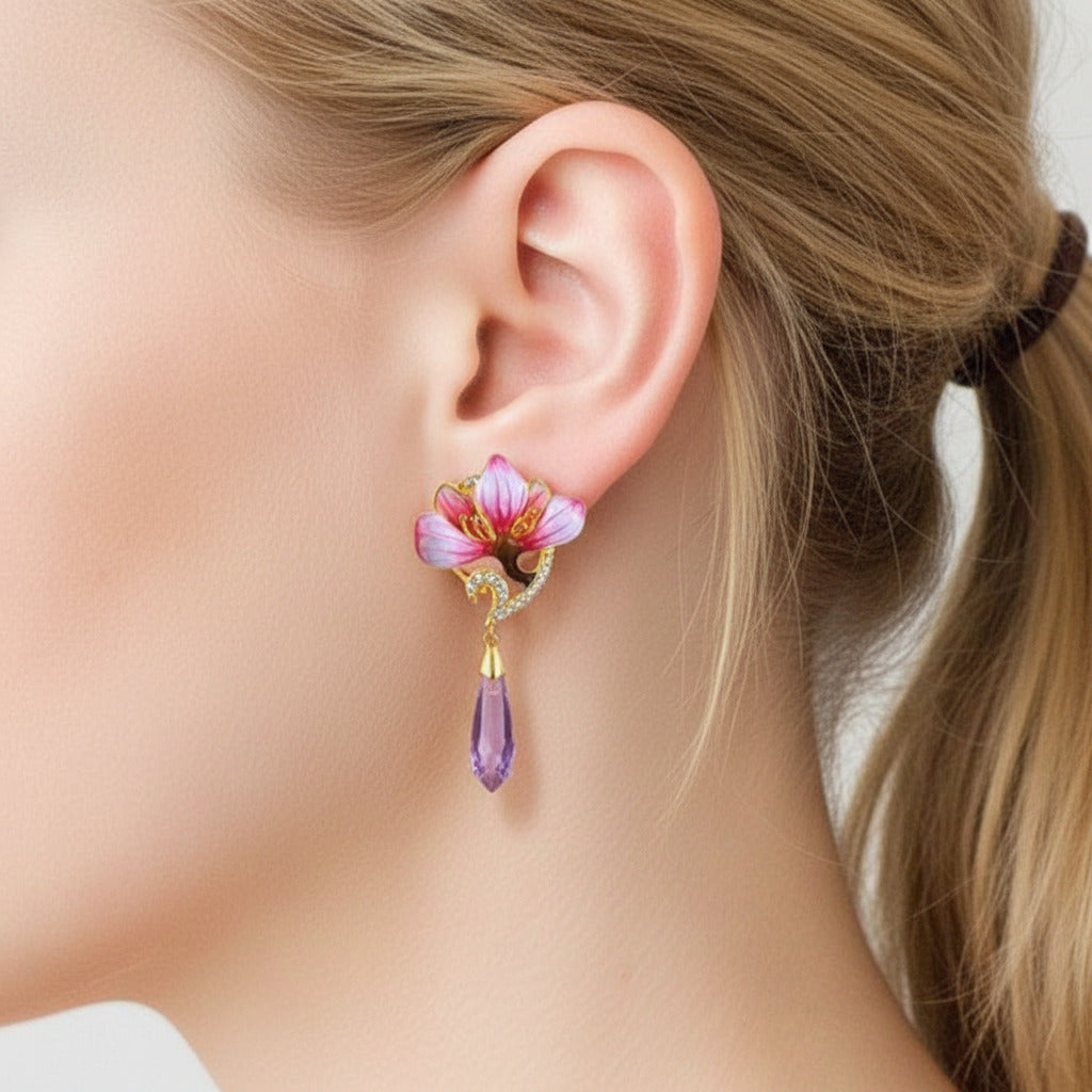 Flower Enamel with Diamond Option Drop Earrings-Black Diamonds New York