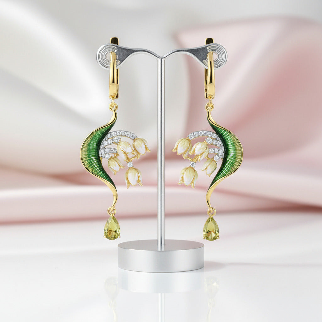 Green Enamel Flower Drop Earrings with Diamond Option-Black Diamonds New York
