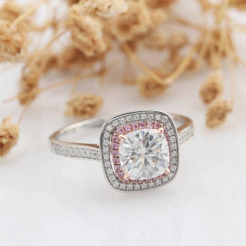 14k White Gold 2ct Moissanite Double Halo Engagement Ring - Black Diamonds New York