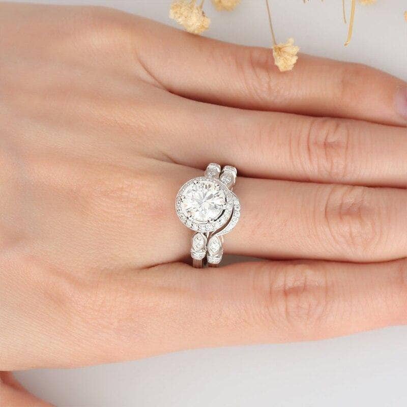 14K White Gold 2CT 8mm Moissanite Engagement Ring Set - Black Diamonds New York