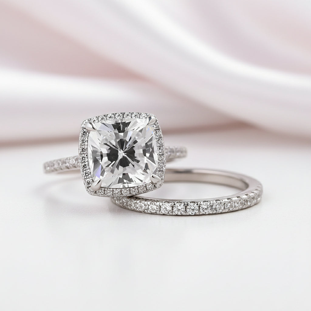 Halo Cushion Cut Diamond Option Wedding Ring Set-Black Diamonds New York