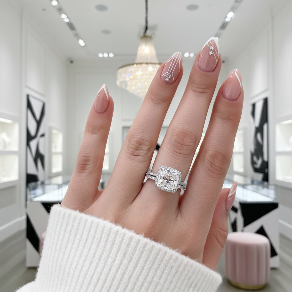 Halo Cushion Cut Diamond Wedding Ring Set-Black Diamonds New York