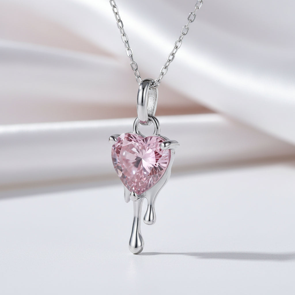 Pink Heart-Shaped Diamond with Dripping Heart Necklace-Black Diamonds New York
