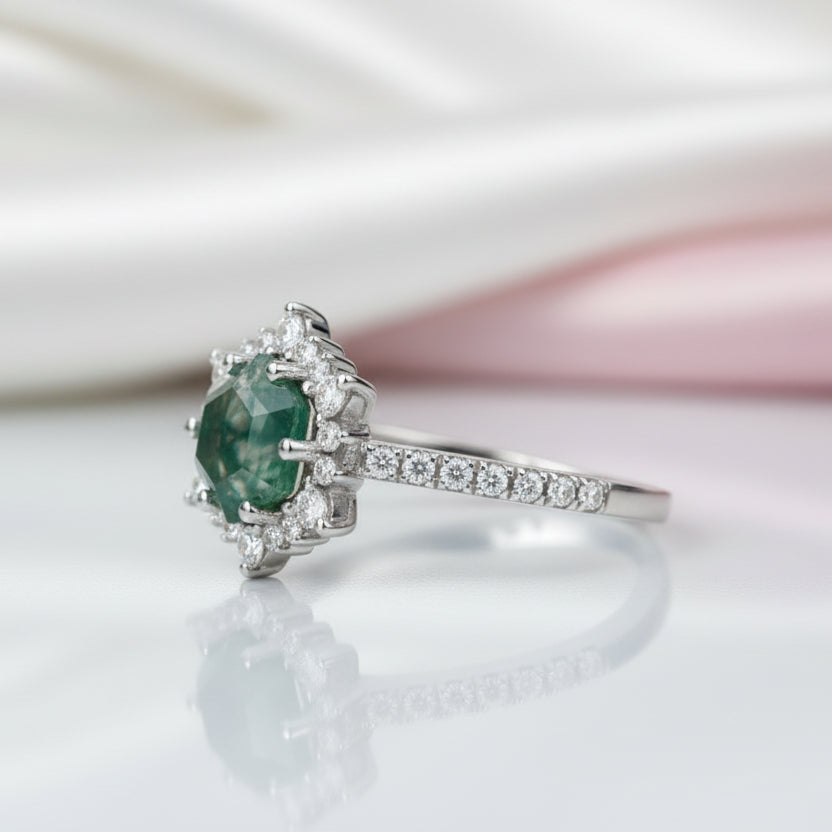 Hexagon Cut Moss Agate Anniversary Ring-Black Diamonds New York