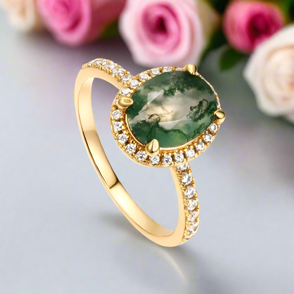 Natural 9*7mm Oval Green Moss Agate Engagement Ring-Black Diamonds New York