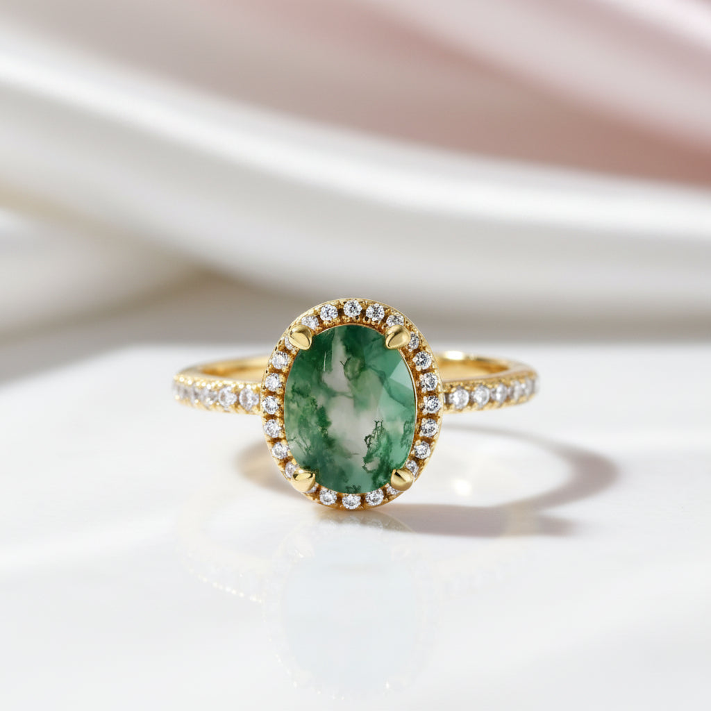 Natural 9*7mm Oval Green Moss Agate Engagement Ring-Black Diamonds New York