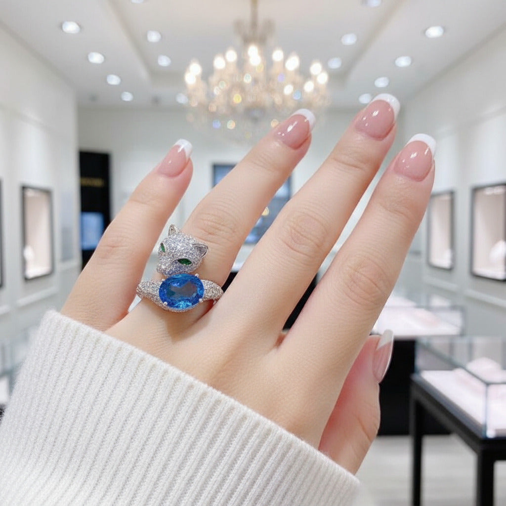 Oval Cut Topaz Cat Ring-Black Diamonds New York