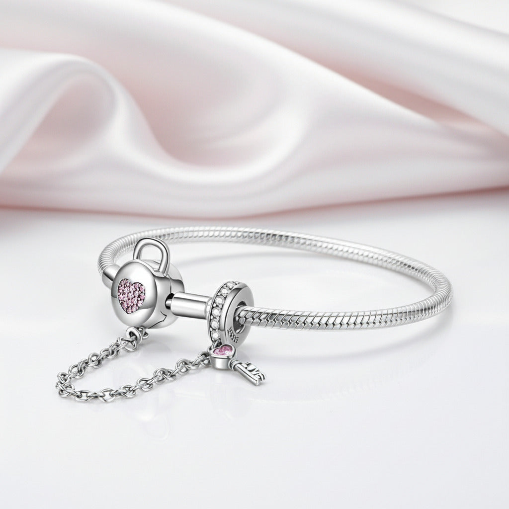 Pink Diamond Option Heart Lock & Key Safety Charm Bracelet-Black Diamonds New York
