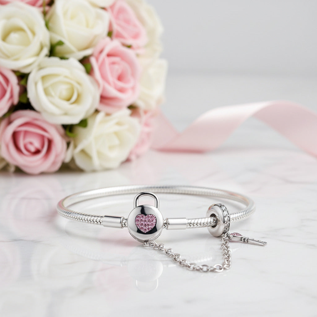 Pink Diamond Option Heart Lock & Key Safety Charm Bracelet-Black Diamonds New York