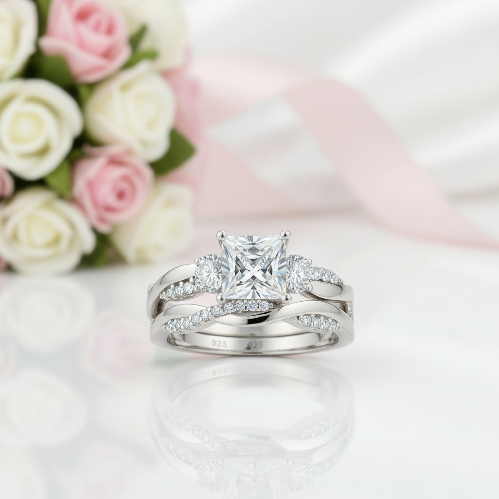 Princess Cut Diamond Eternity Twist Cross Wedding Ring Set-Black Diamonds New York