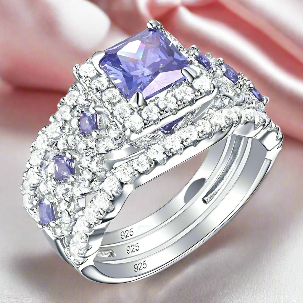 Purple Blue Princess Cut Tanzanite Gemstone Engagement Ring Set-Black Diamonds New York
