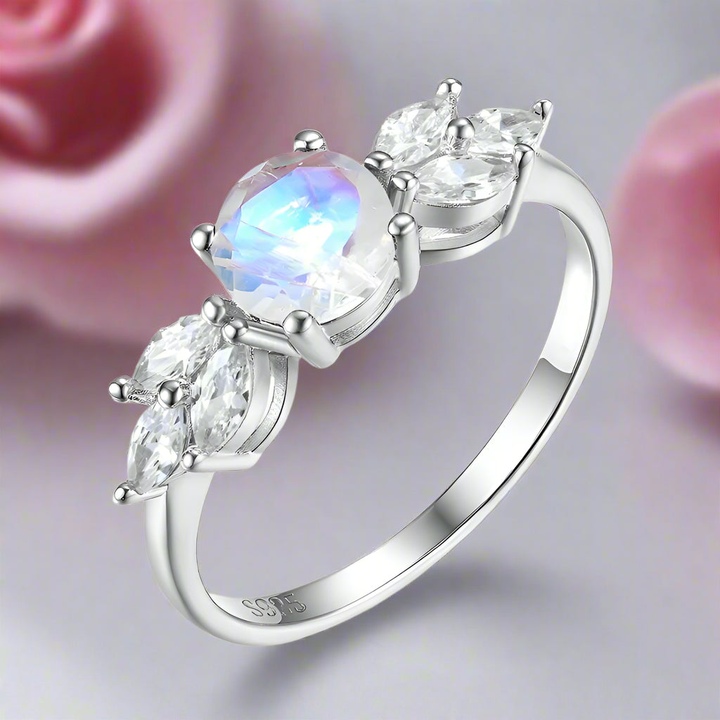 Rainbow Moonstone Promise Ring-Black Diamonds New York