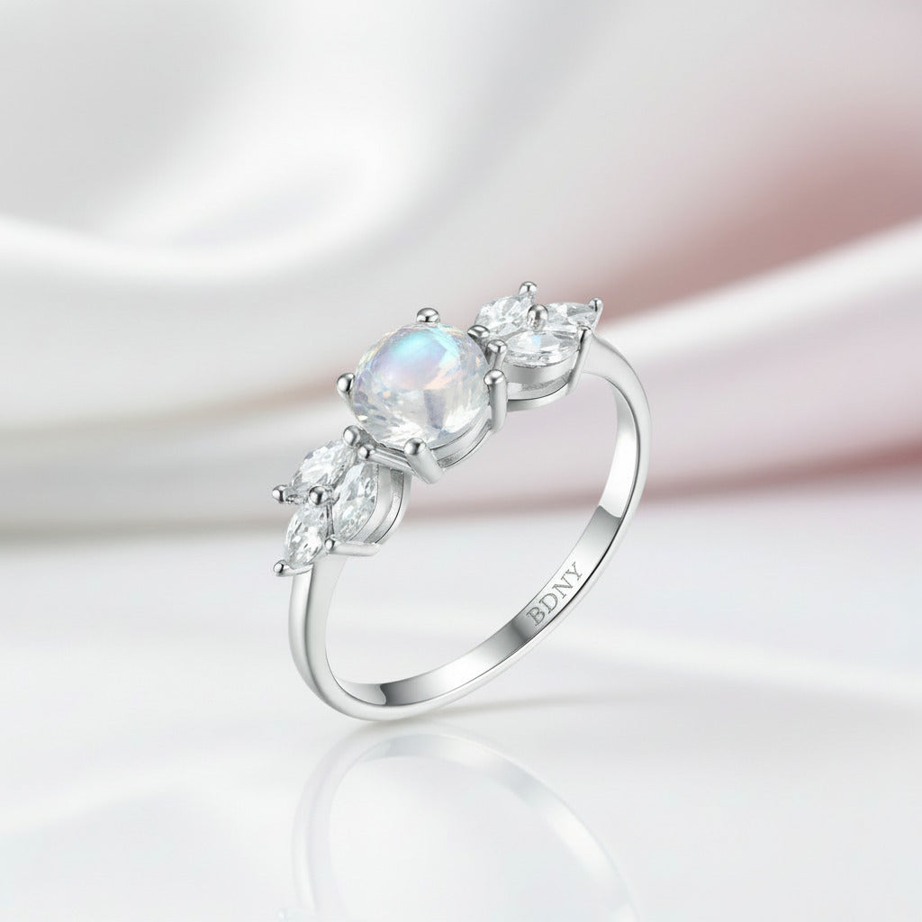 Rainbow Moonstone Promise Ring-Black Diamonds New York