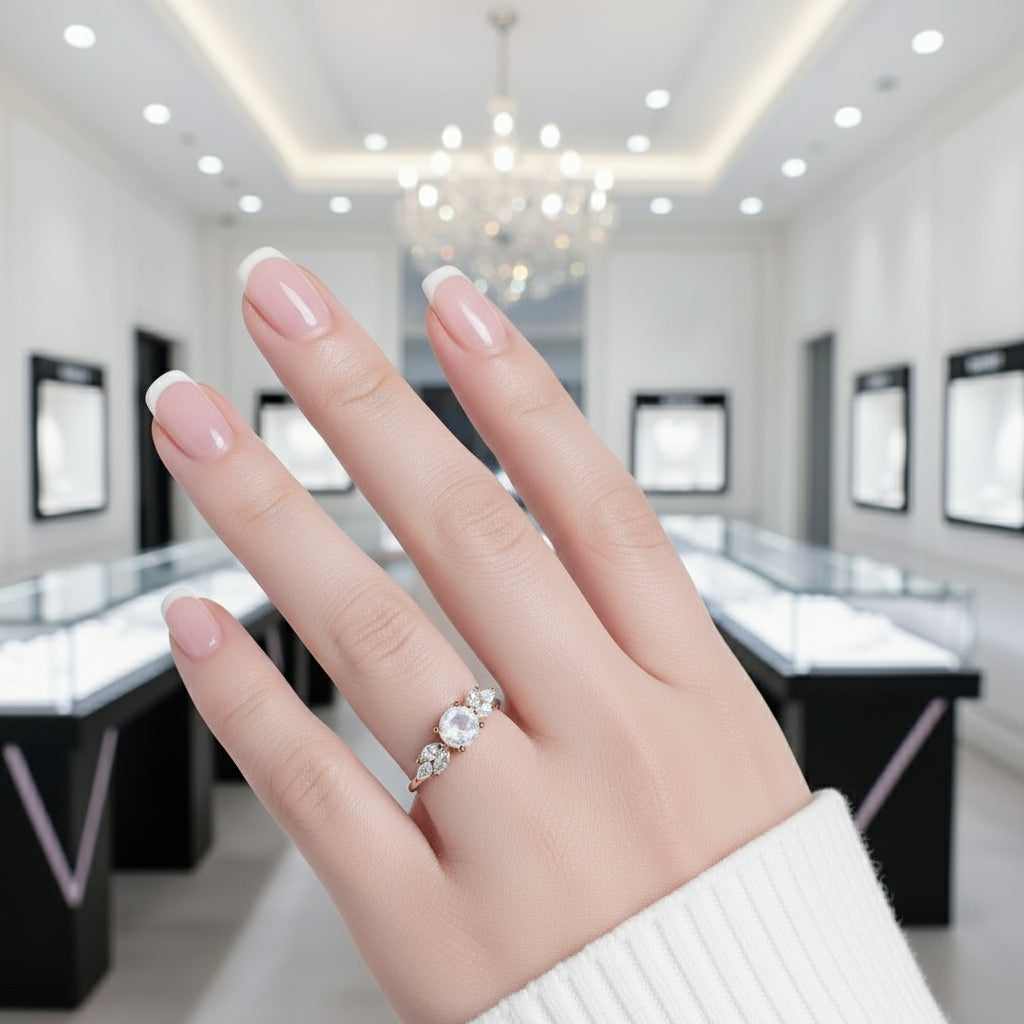 Rainbow Moonstone Promise Ring-Black Diamonds New York