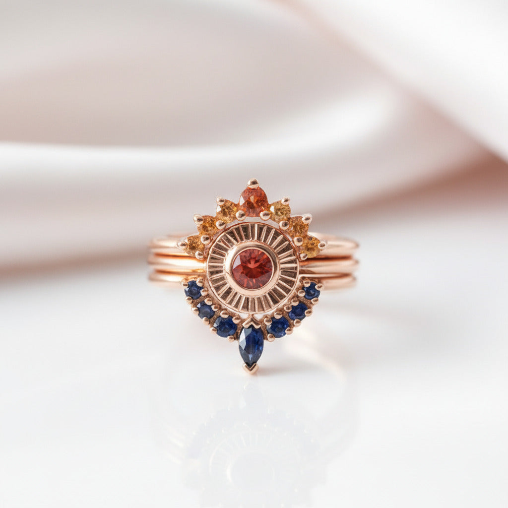 Retro Three-layer Diamond Option Sun and Flower Ring-Black Diamonds New York