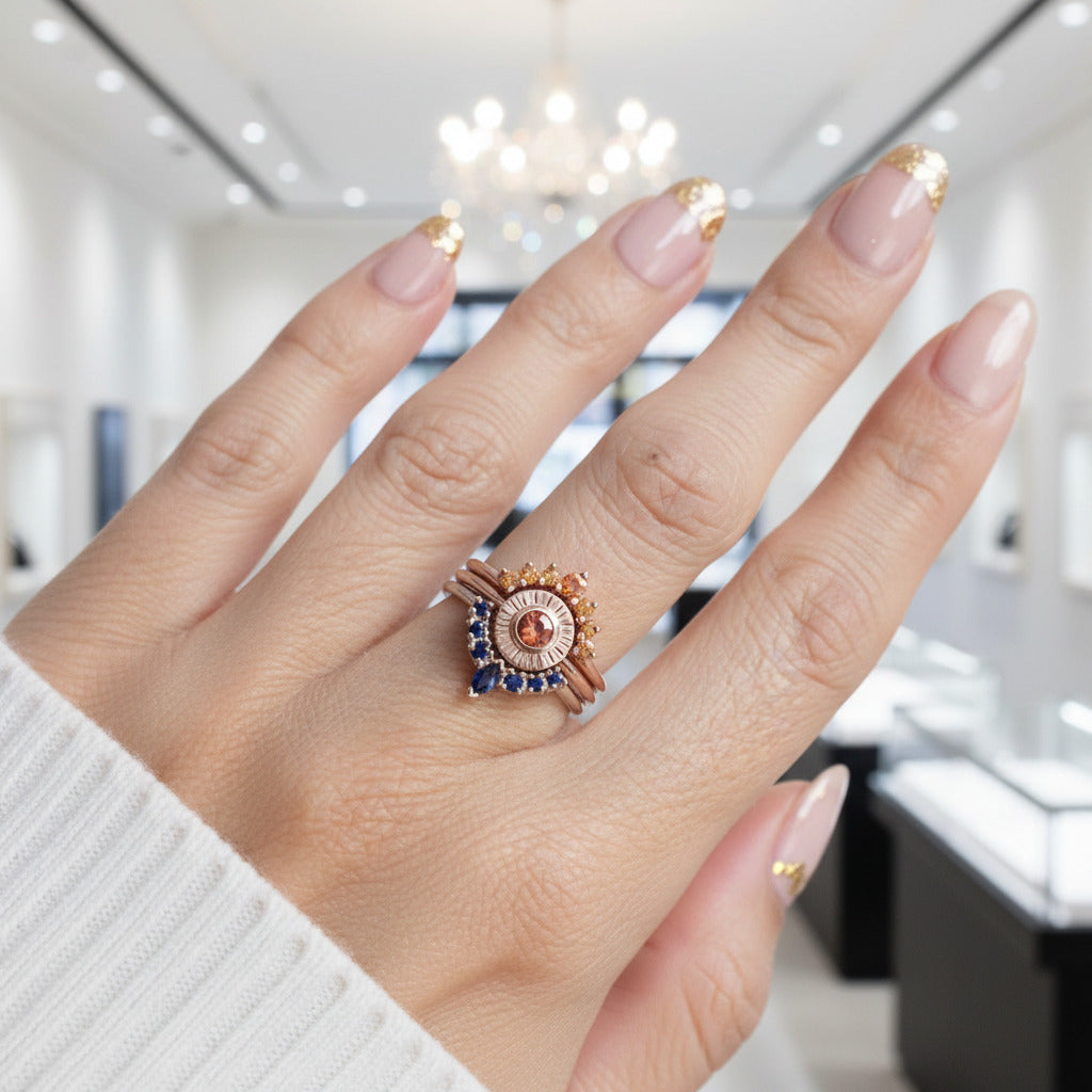 Retro Three-layer Diamond Option Sun and Flower Ring-Black Diamonds New York