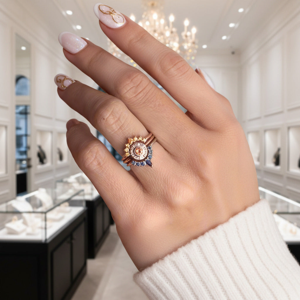 Retro Three-layer Diamond Option Sun and Flower Ring-Black Diamonds New York