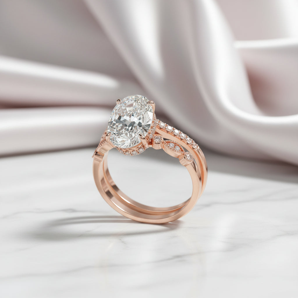 Rose Gold Oval Cut Sapphire Wedding Ring Set-Black Diamonds New York