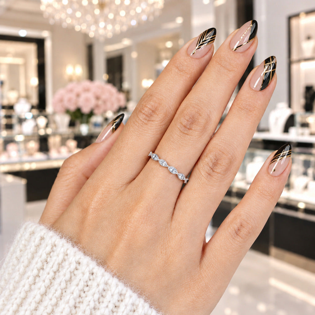 Round Scalloped Diamond Option Stackable Ring Band-Black Diamonds New York