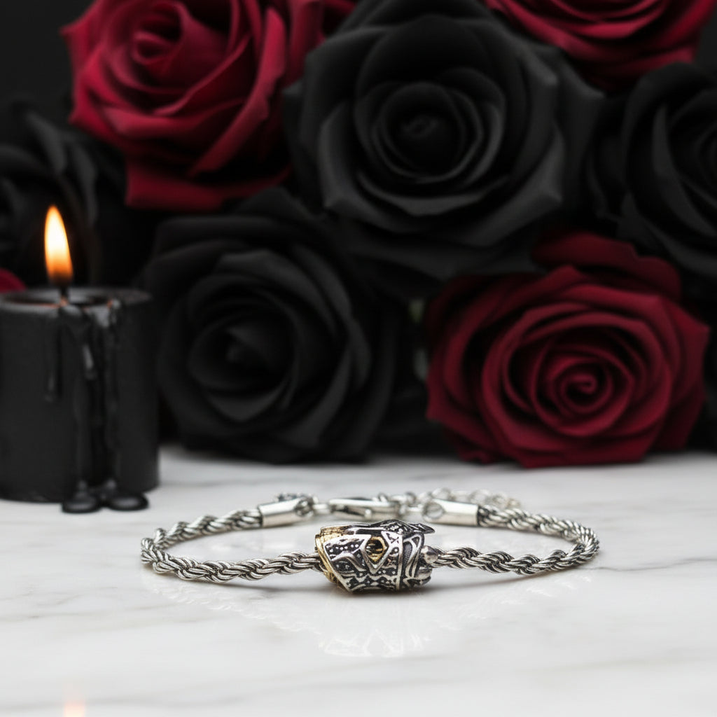 Skull Knight & Karma Wheel Wire Chain Bracelet-Black Diamonds New York