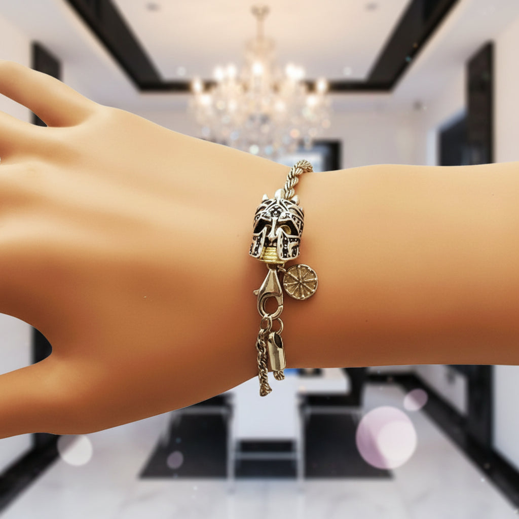 Skull Knight & Karma Wheel Wire Chain Bracelet-Black Diamonds New York