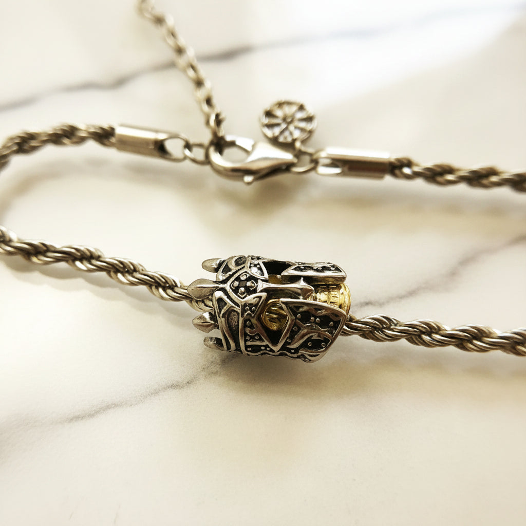 Skull Knight & Karma Wheel Wire Chain Bracelet-Black Diamonds New York