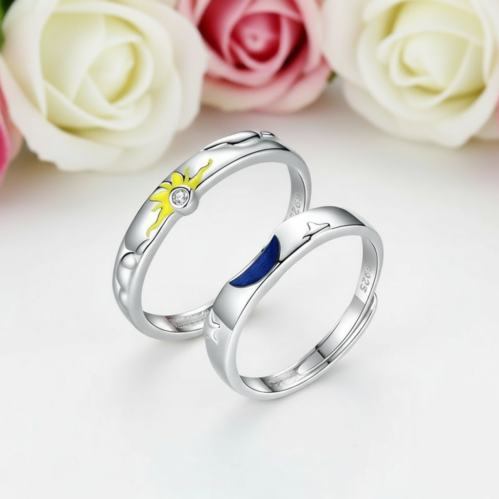 Sun, Moon and Stars Couple Ring Set-Black Diamonds New York
