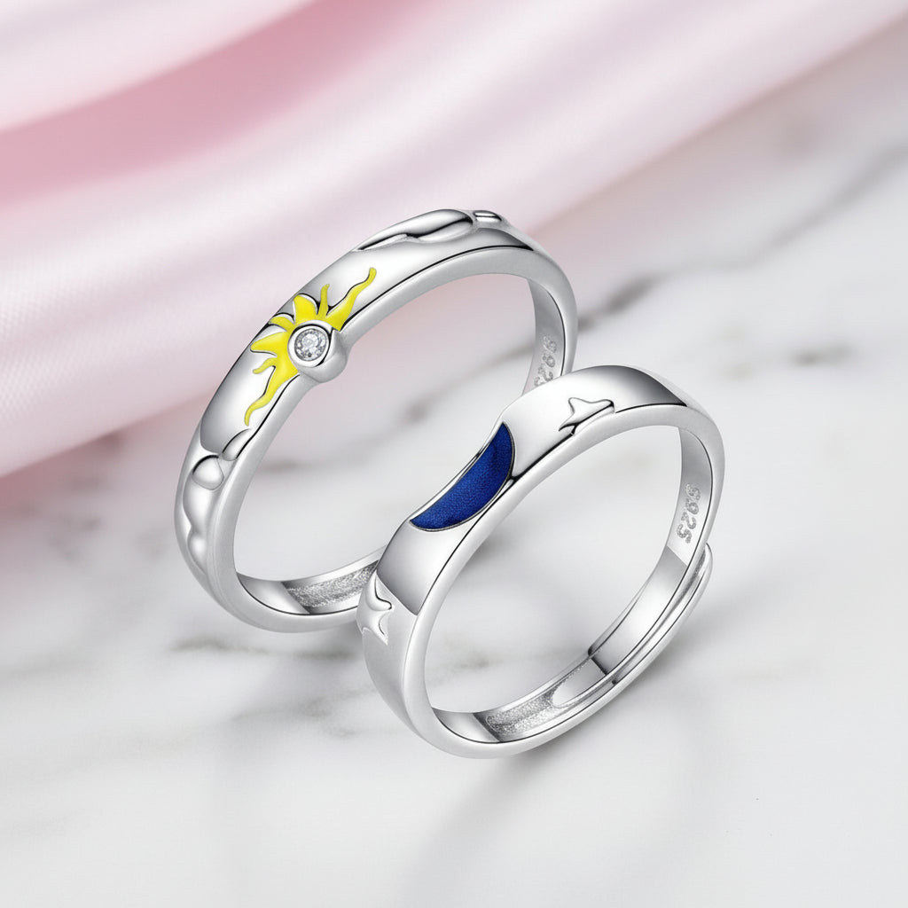 Sun, Moon and Stars Couple Ring Set-Black Diamonds New York