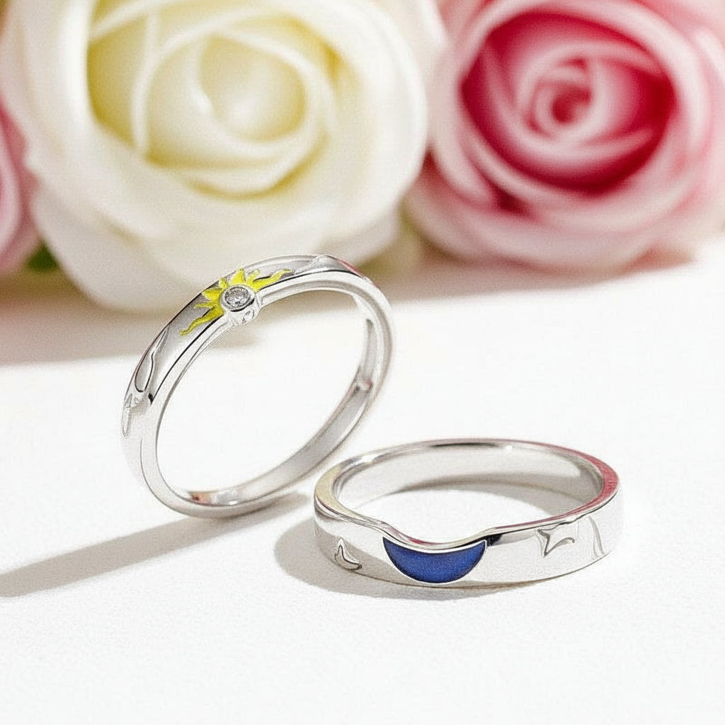 Sun, Moon and Stars Couple Ring Set-Black Diamonds New York